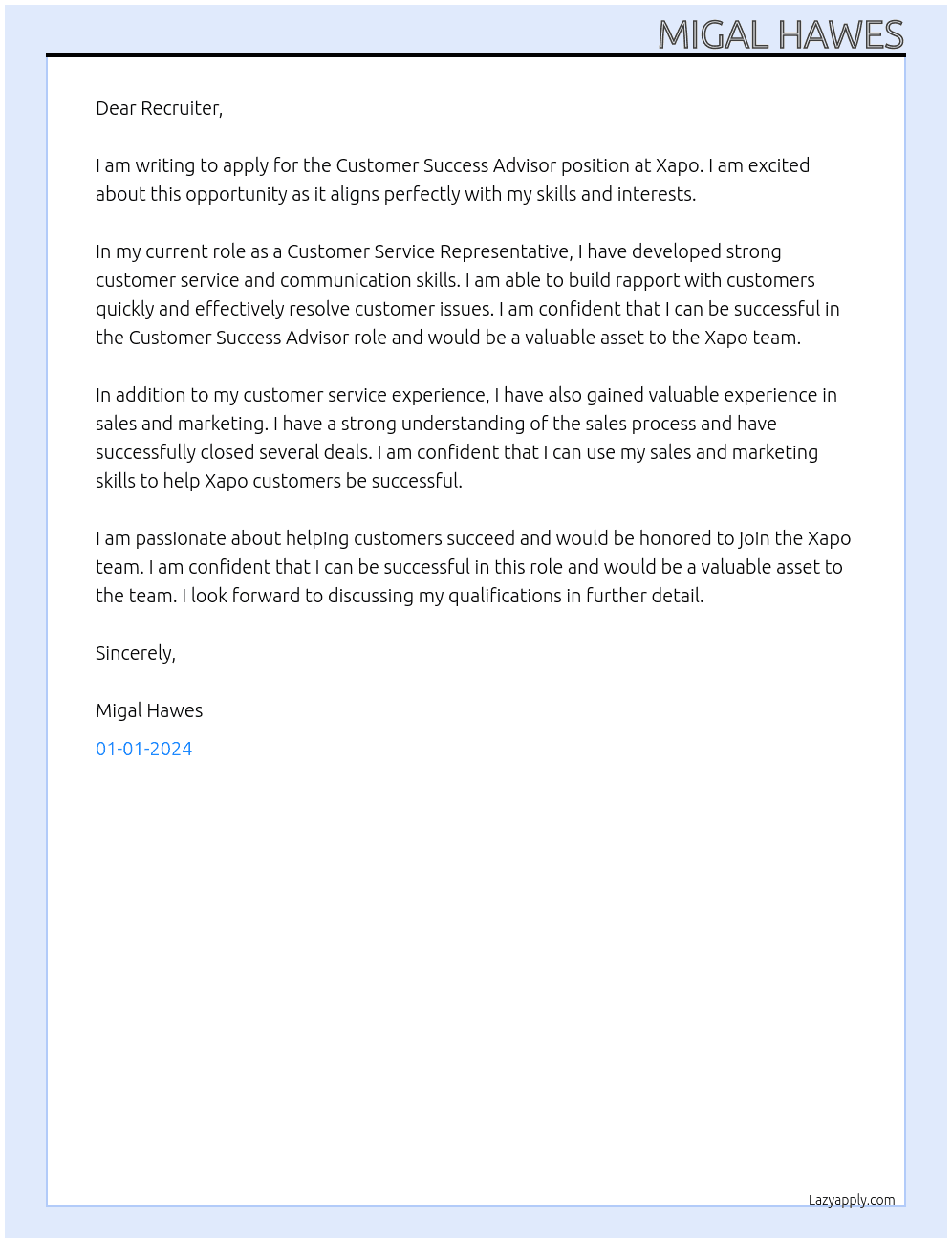 Customer Success Advisor At Xapo Cover Letter