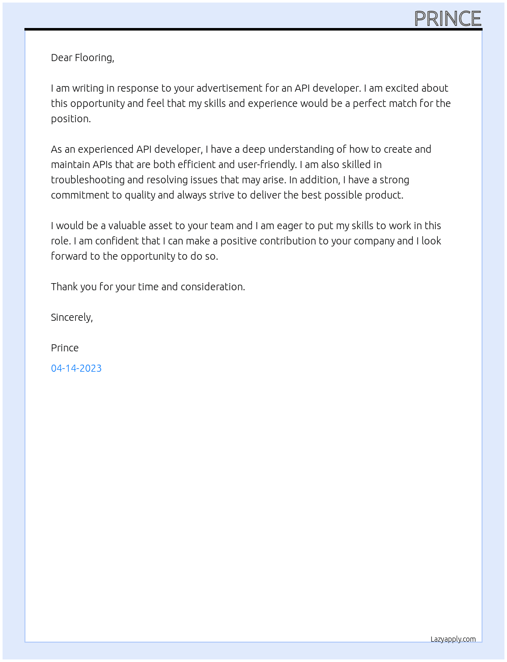 Api developer At Prince Cover Letter