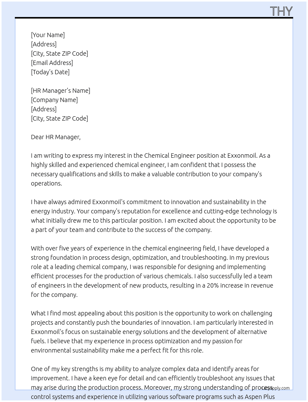 chemical engineer At Exxonmoil Cover Letter