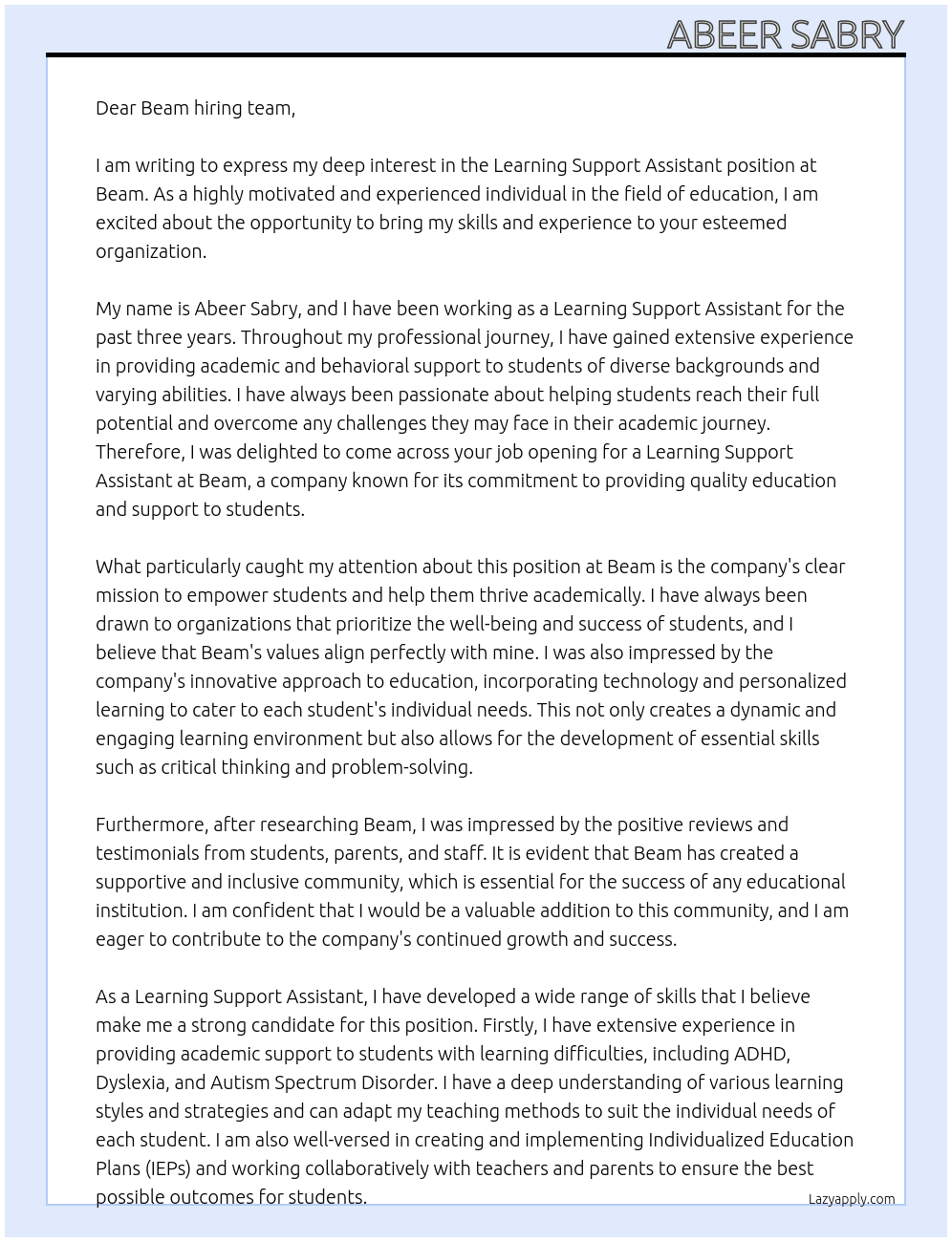 Learning Support Assistant At Beam Cover Letter