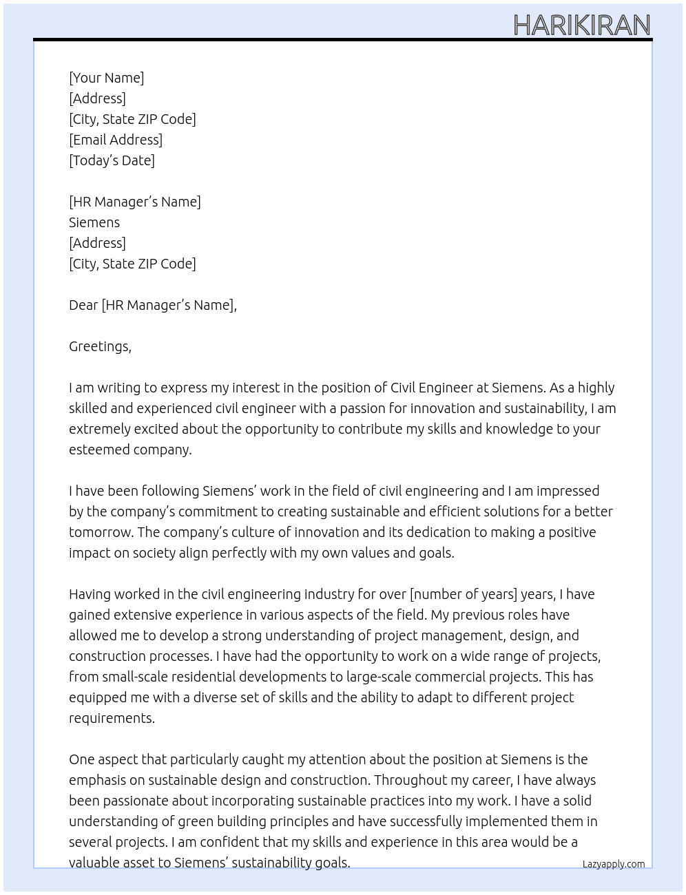 Civil Engineer At Siemens Cover Letter