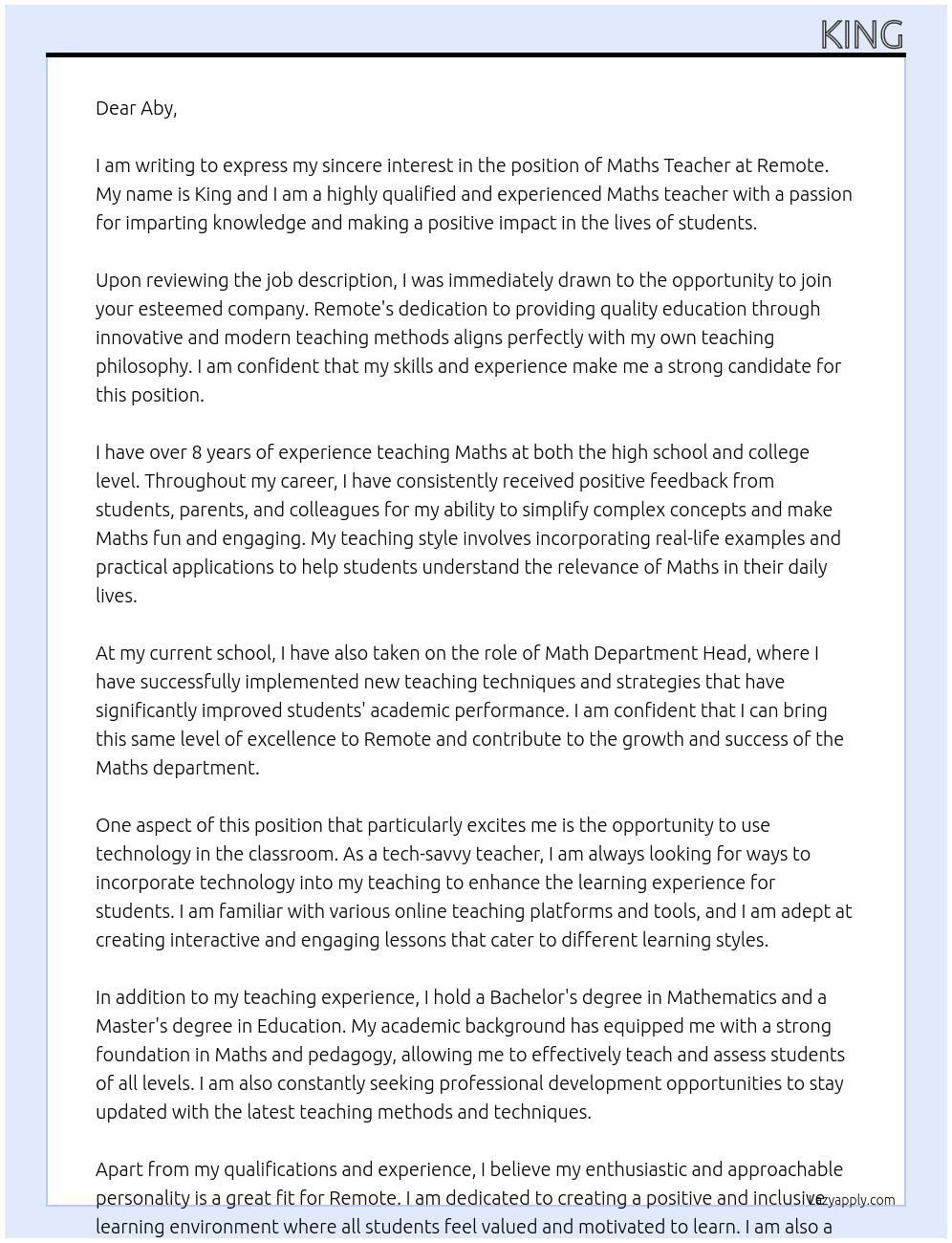 Maths Teacher At remote Cover Letter