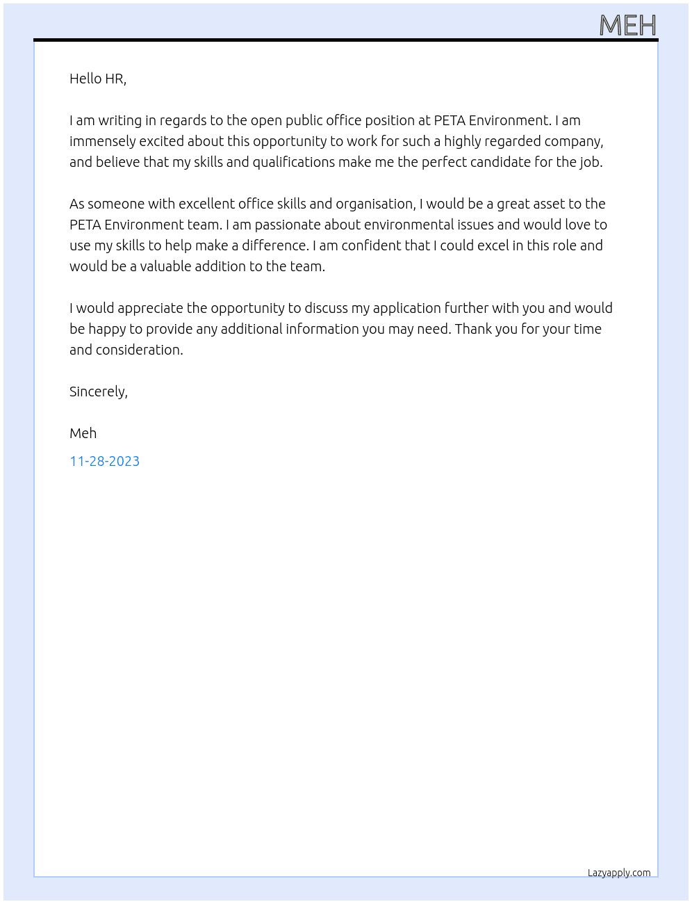 public office  At peta environment Cover Letter