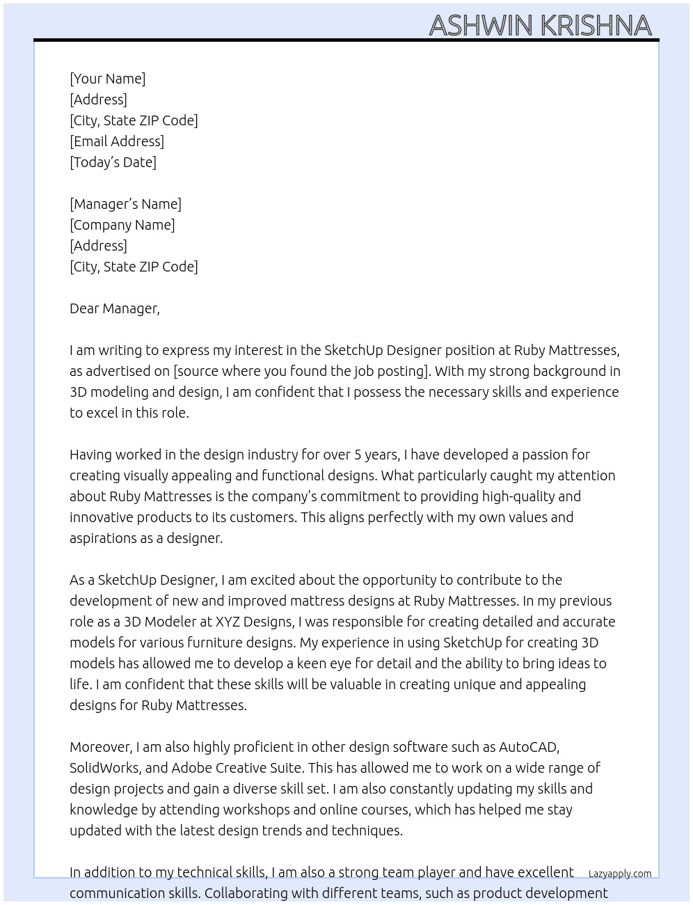 SketchUp Designer At Ruby Mattresses Cover Letter