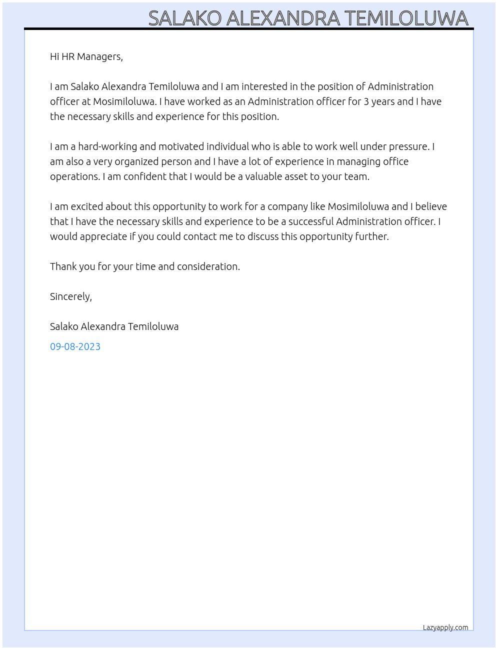 Administration officer  At Mosimiloluwa  Cover Letter