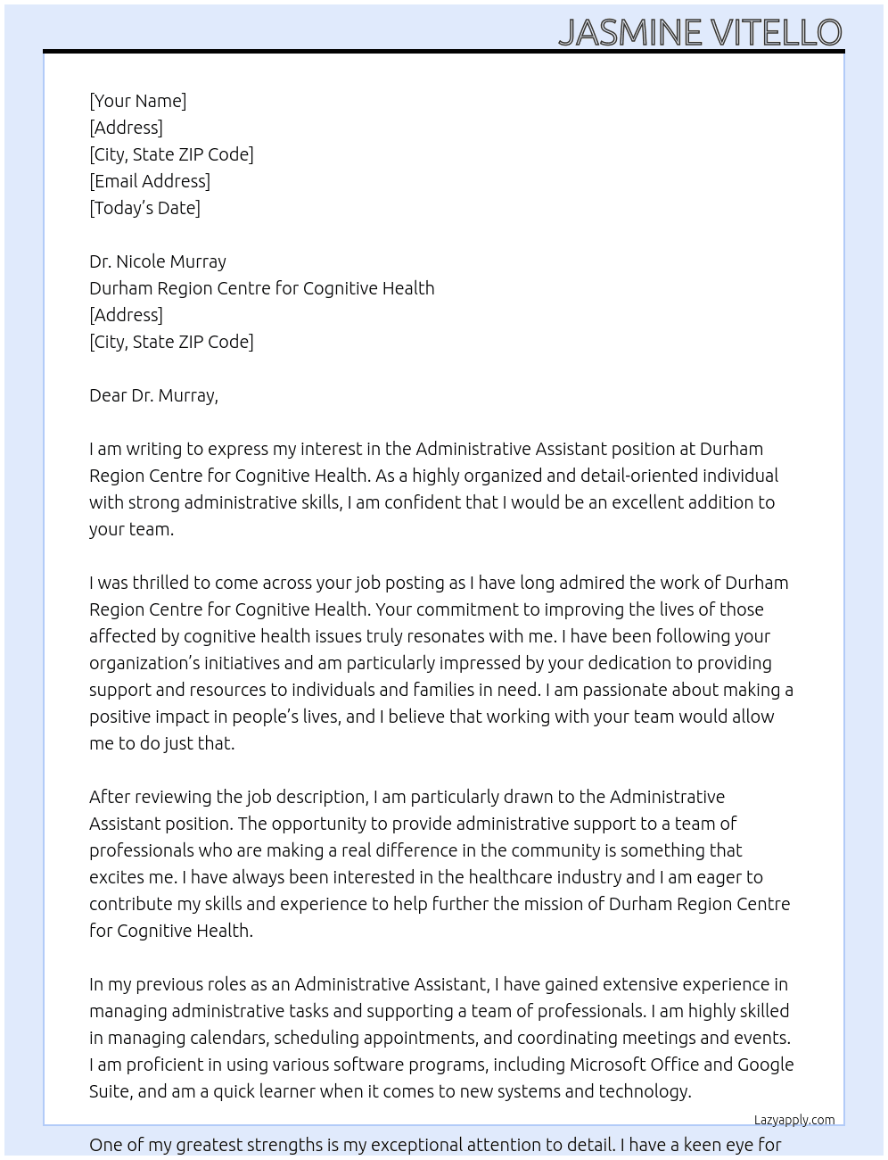 Administrative Assistant  At Durham Region Centre for Cognitive Health Cover Letter