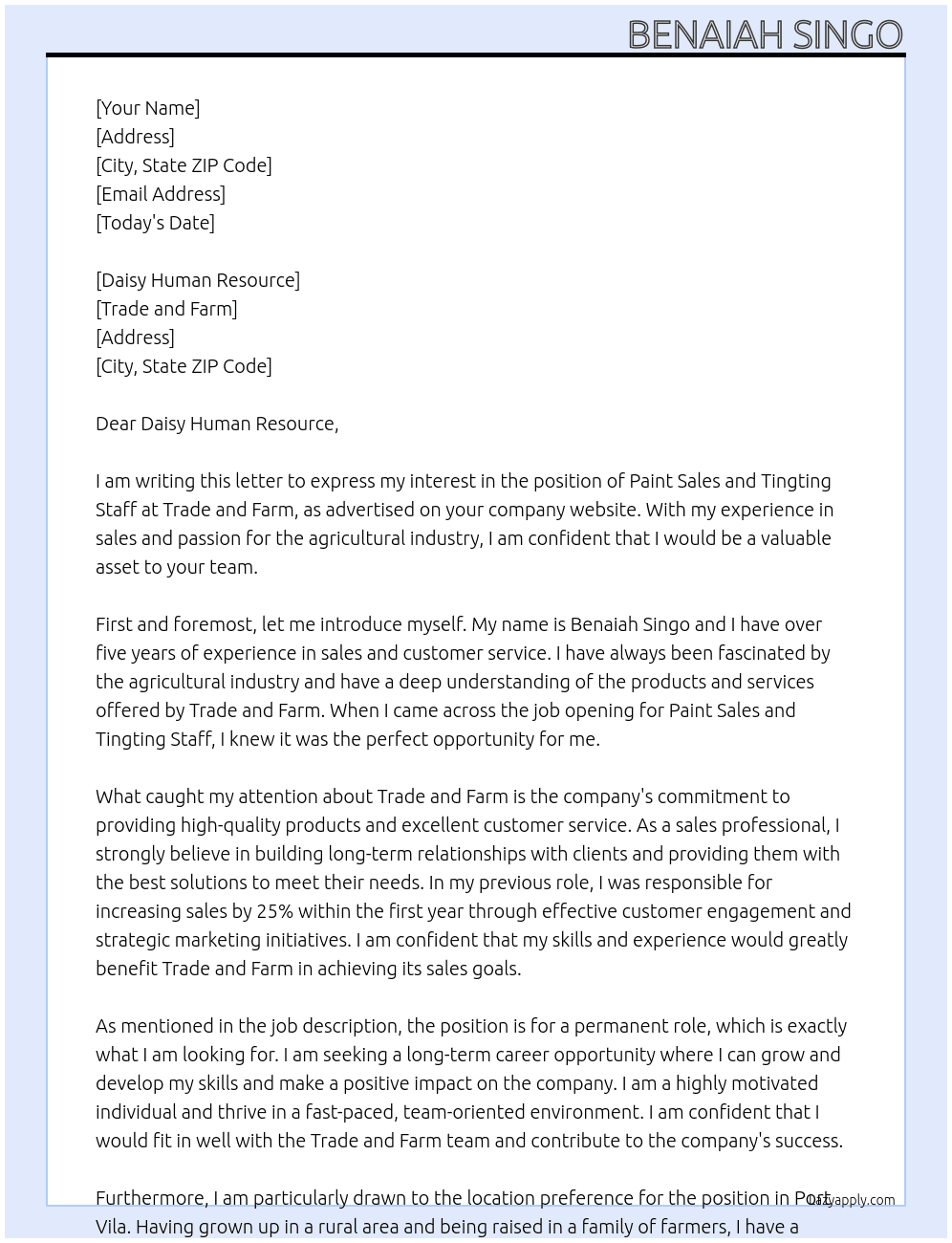 Paint Sales and Tingting Staff At Trade and Farm Cover Letter