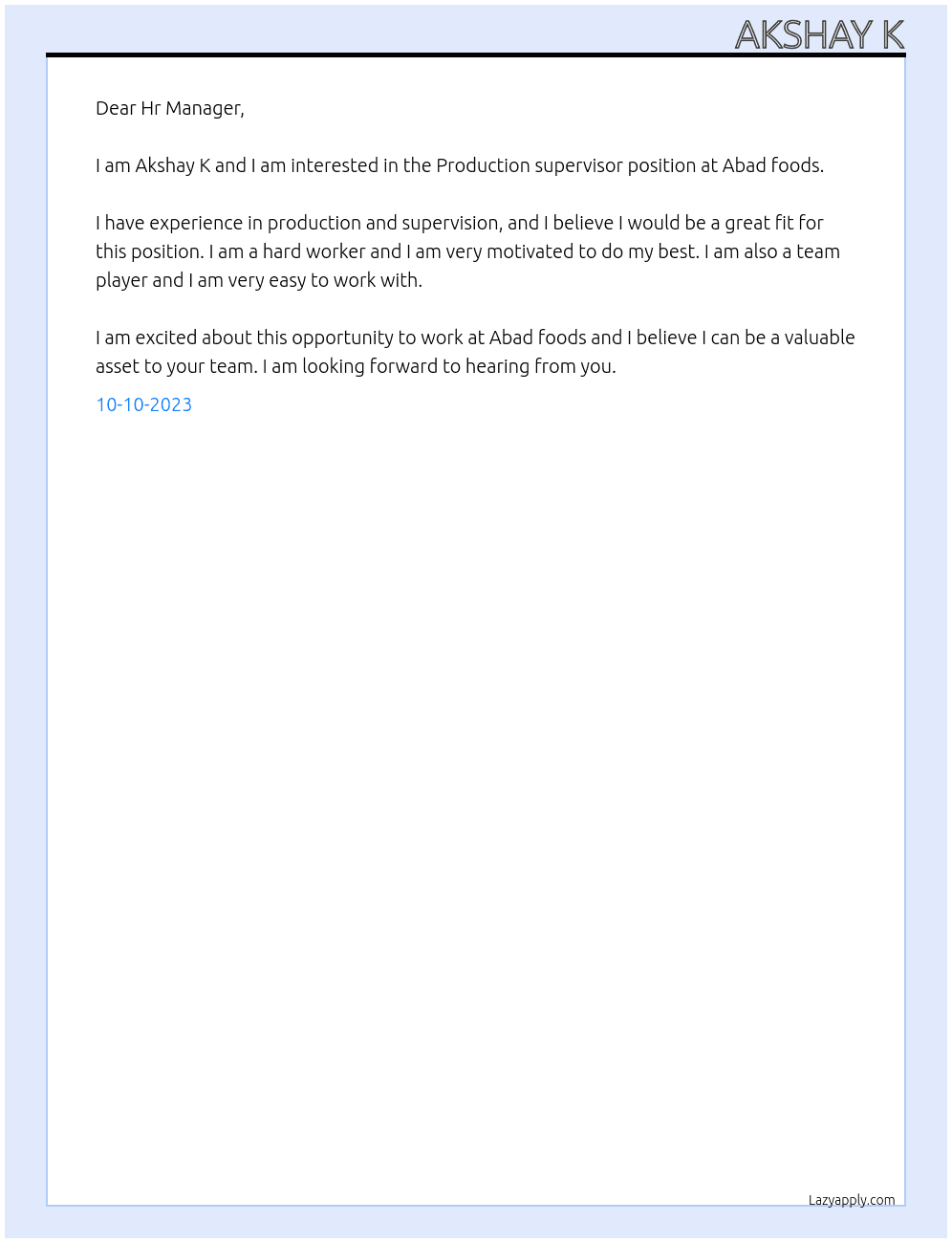 Production supervisor At Abad foods Cover Letter
