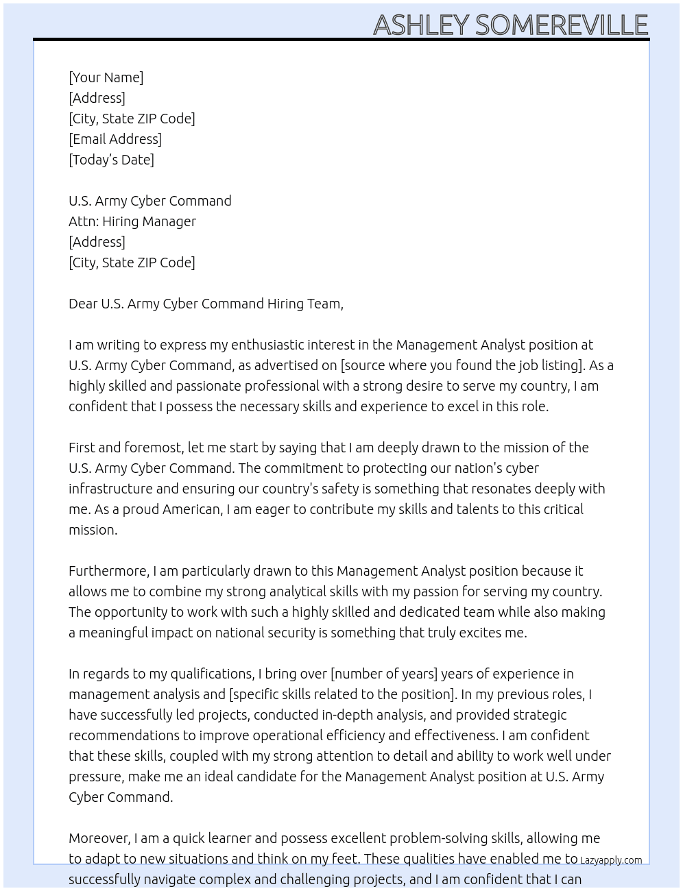 Management Analyst  At U.S. Army Cover Letter