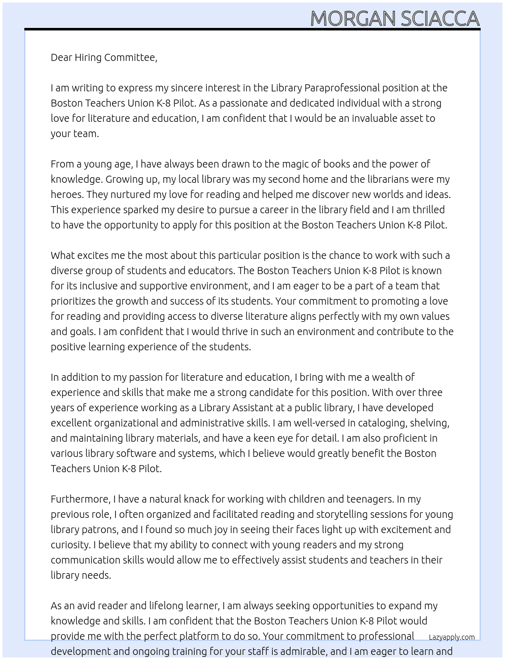 Library Paraprofessional At Boston Teachers Union K-8 Pilot Cover Letter
