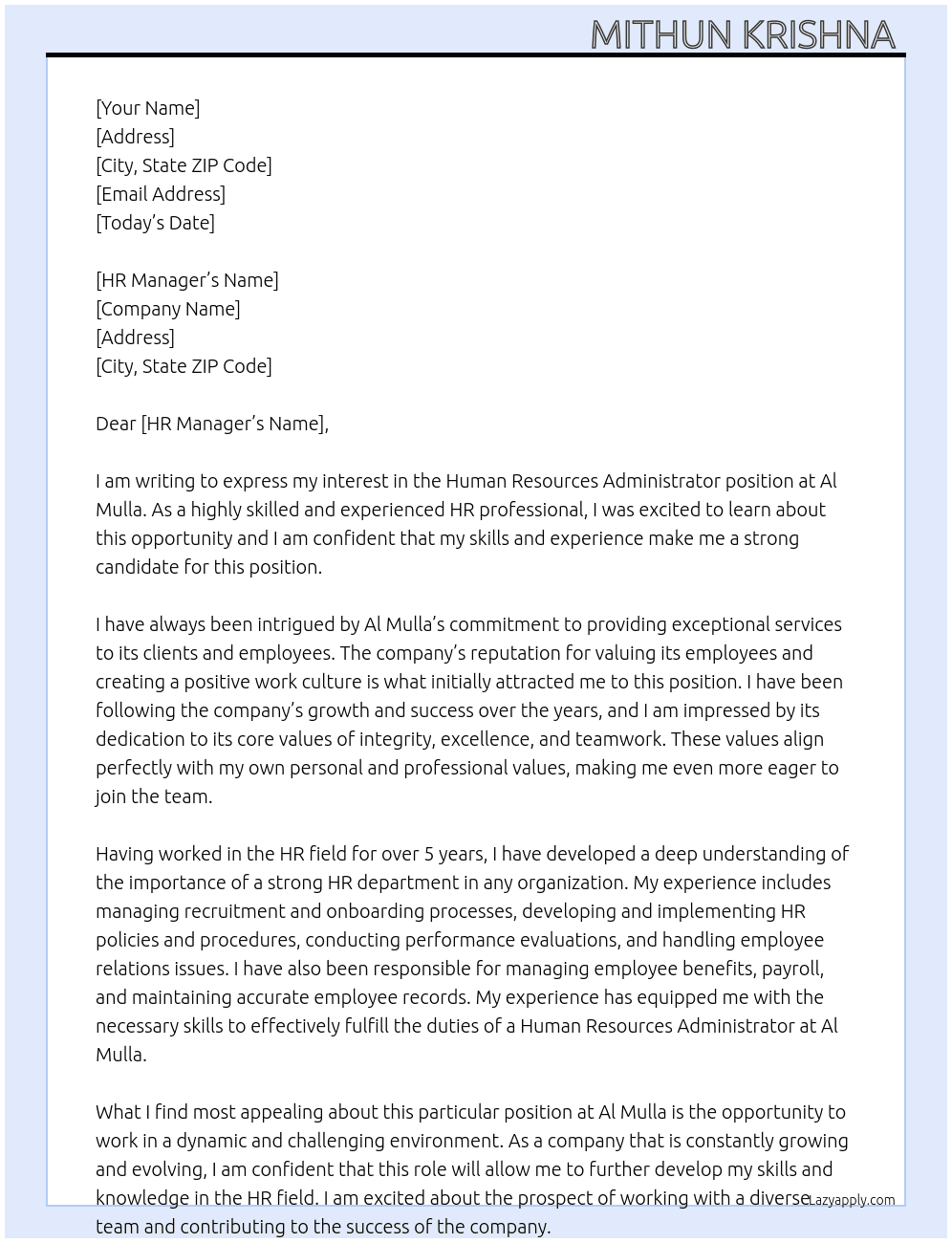 Human resources administrator  At Al mulla Cover Letter