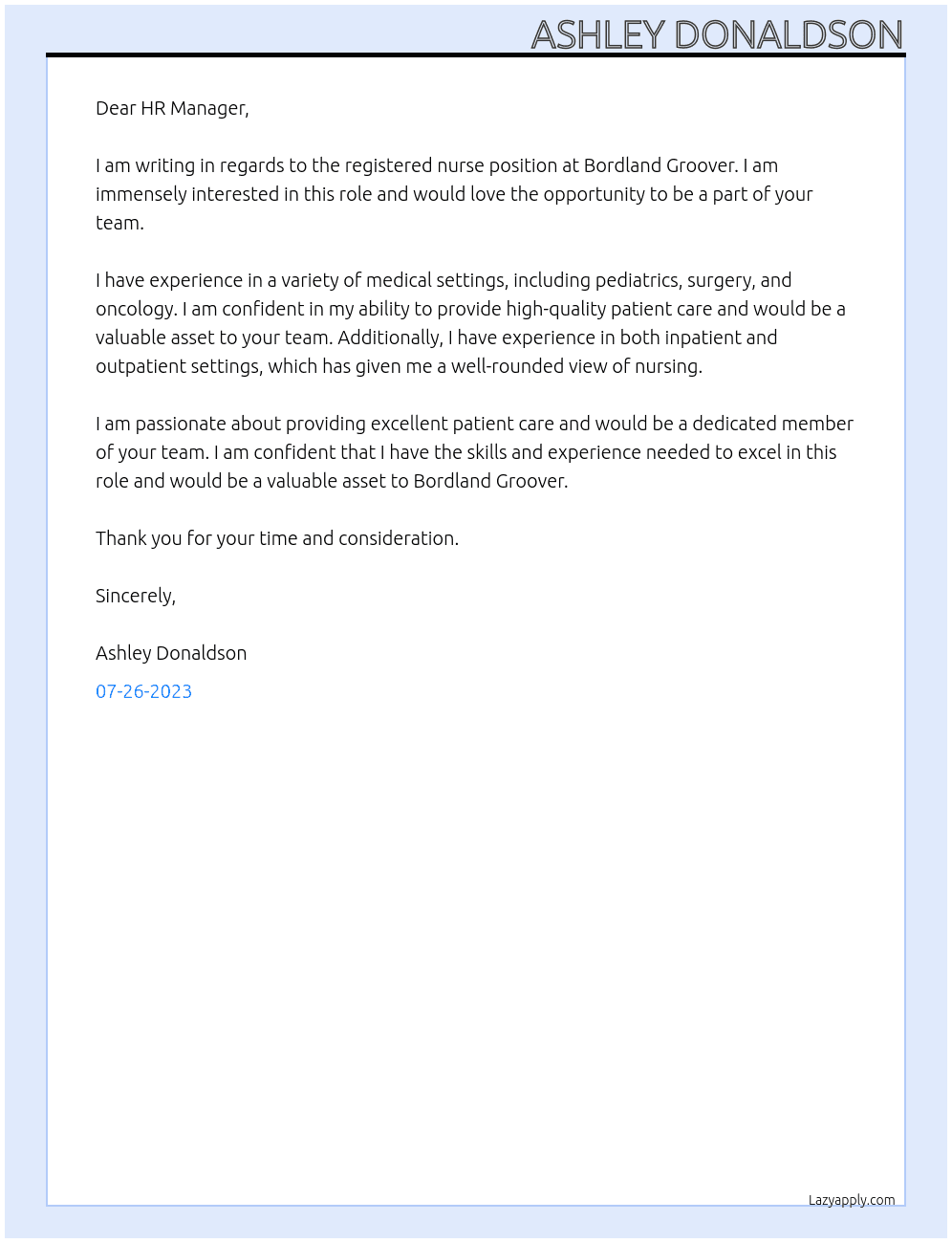 Registered Nurse At Bordland Groover Cover Letter