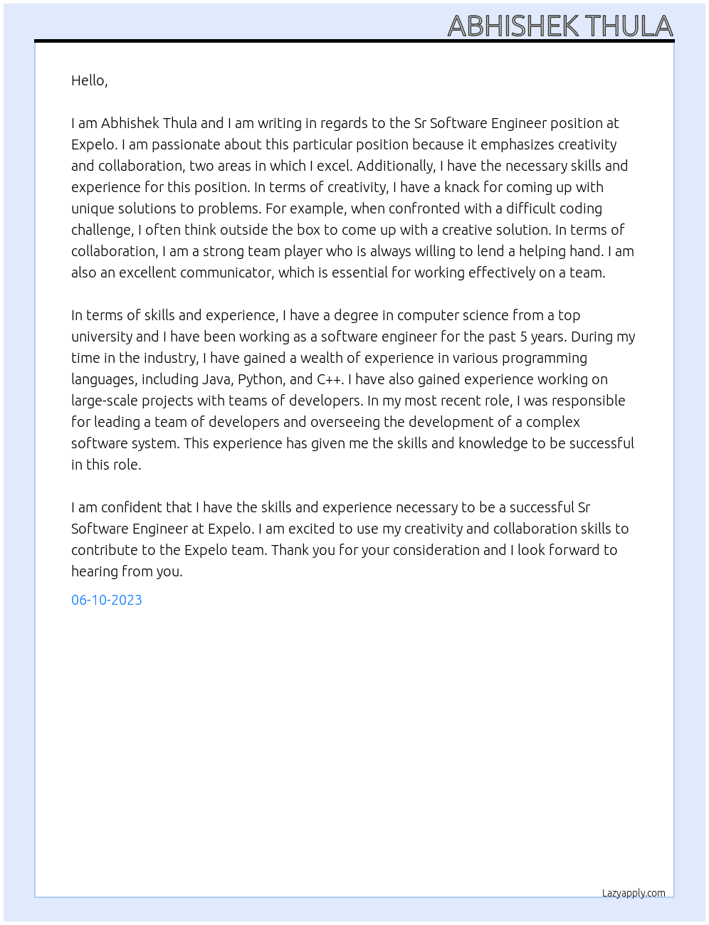Sr Software Engineer At Expelo Cover Letter