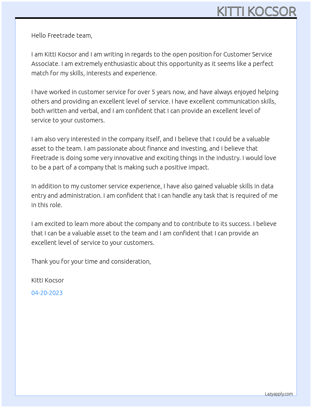 Customer Service Associate At Freetrade Cover Letter