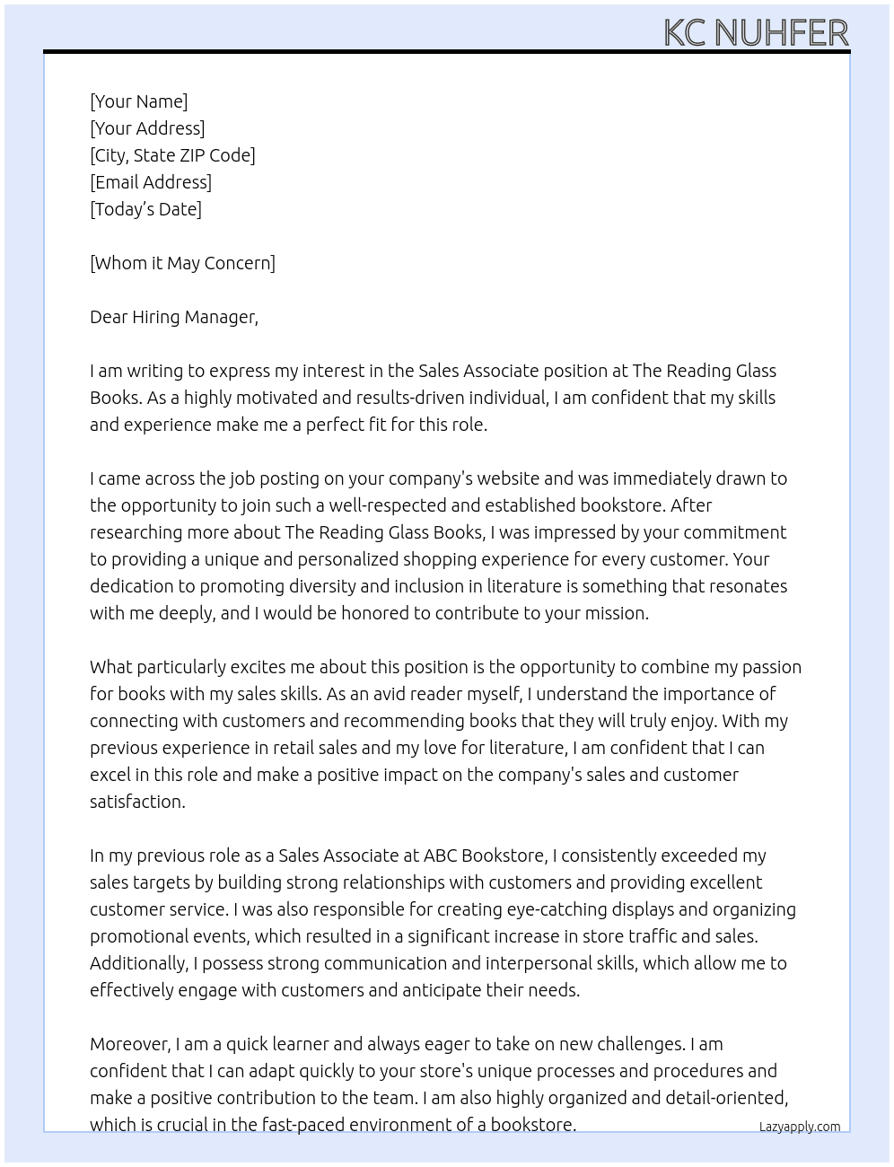 Sales Associate At The Reading Glass Books Cover Letter