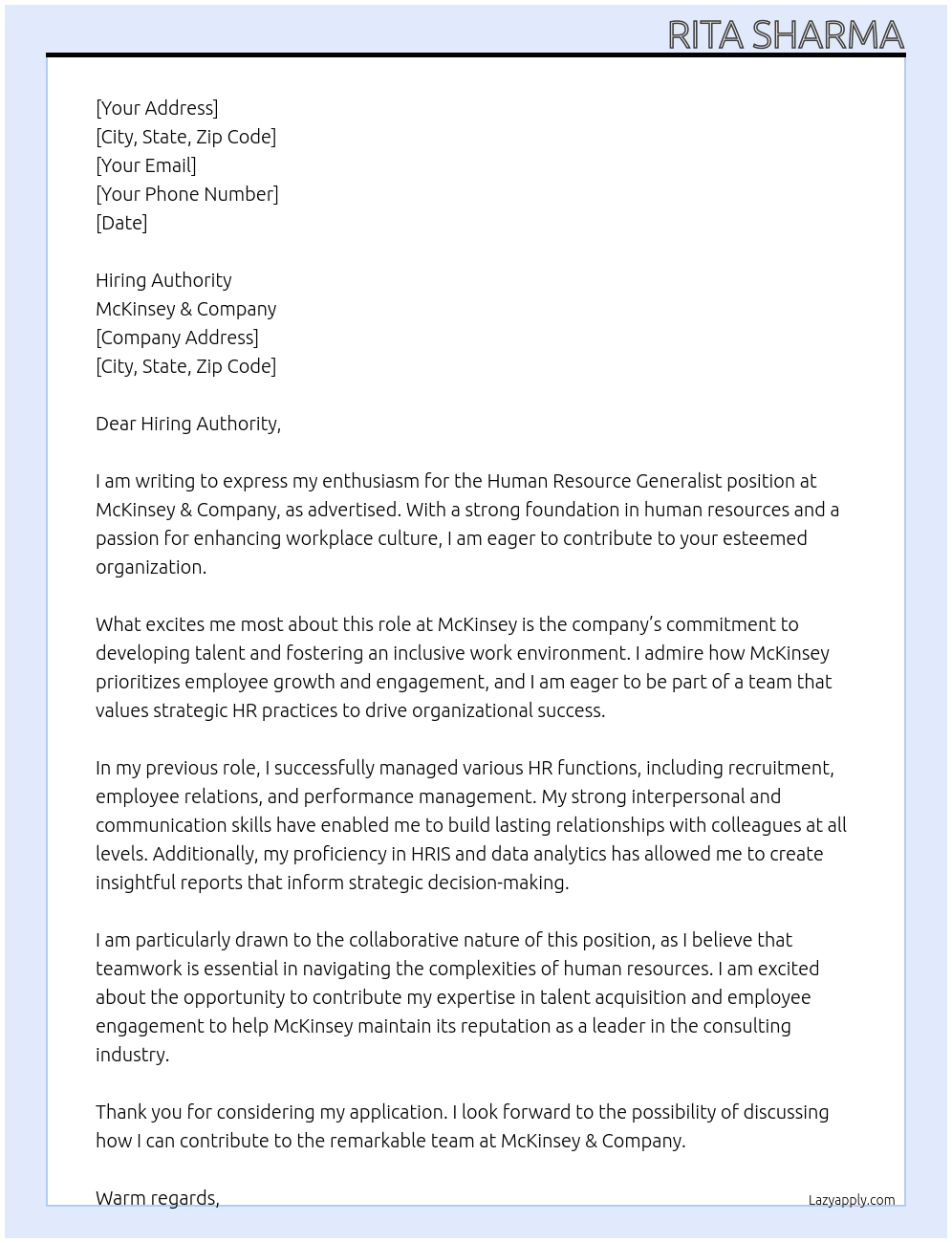 Cover letter for human resource generalist - LazyApply