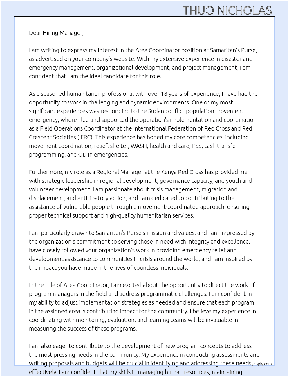 Area Coordinator At Samaritan's Purse Cover Letter