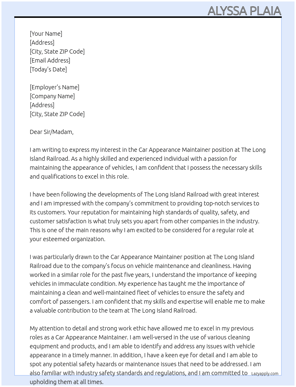 Car Appearance Maintainer At The Long Island Railroad Cover Letter