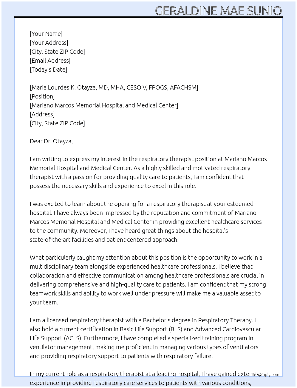 respiratory therapist At Mariano Marcos Memorial Hospital and Medical Center  Cover Letter