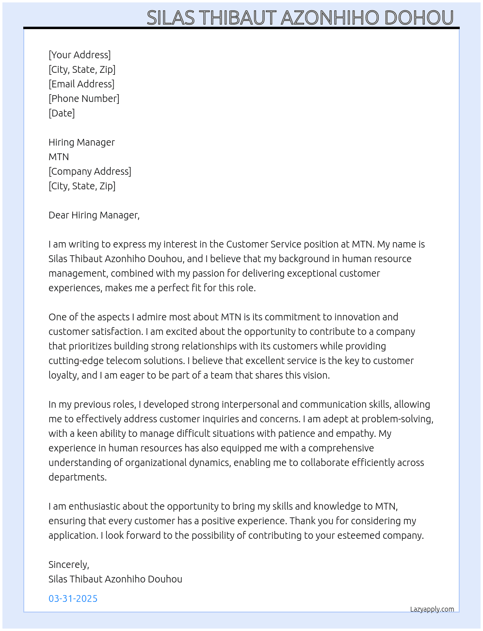 Customer service  At MTN Cover Letter