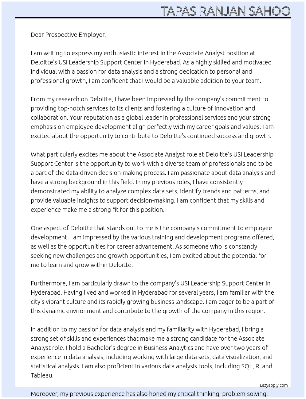 USI Leadership Support Center – Associate Analyst  At Deliotte Cover Letter