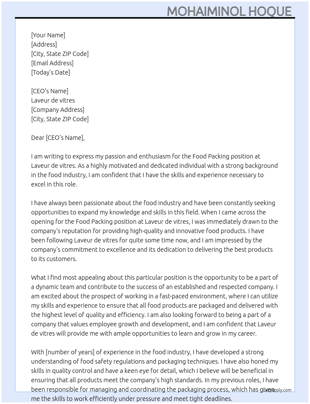 Food packing At Laveur de vitres Cover Letter