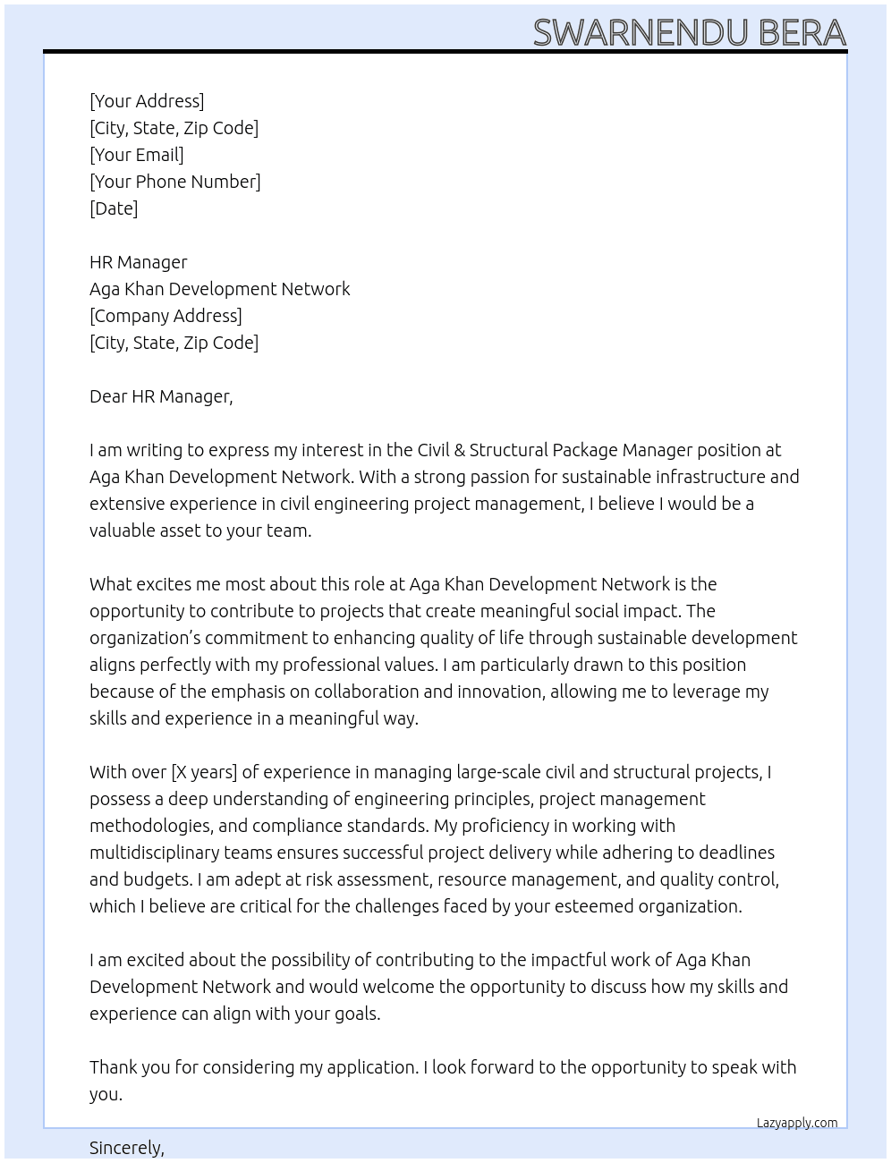 Civil & structural package Manager At Aga Khan Development Network Cover Letter
