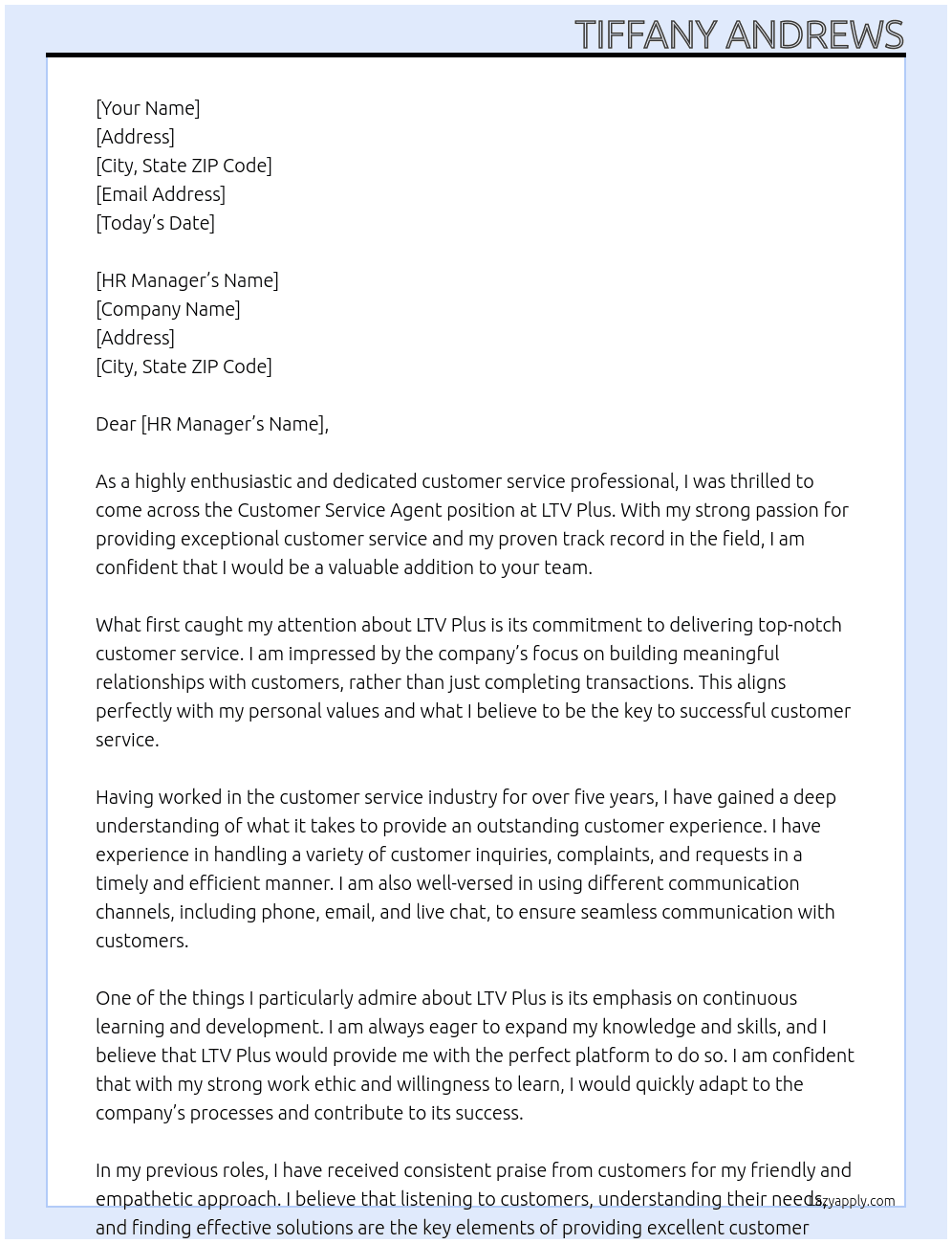 Customer Service Agent At LTV Plus Cover Letter