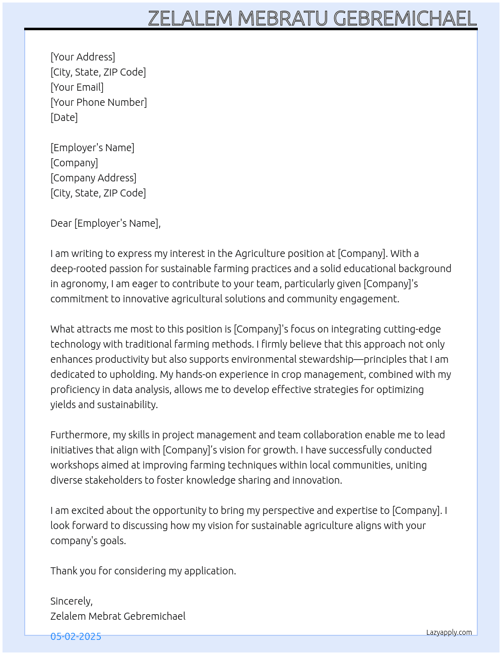 Agriculture At company  Cover Letter