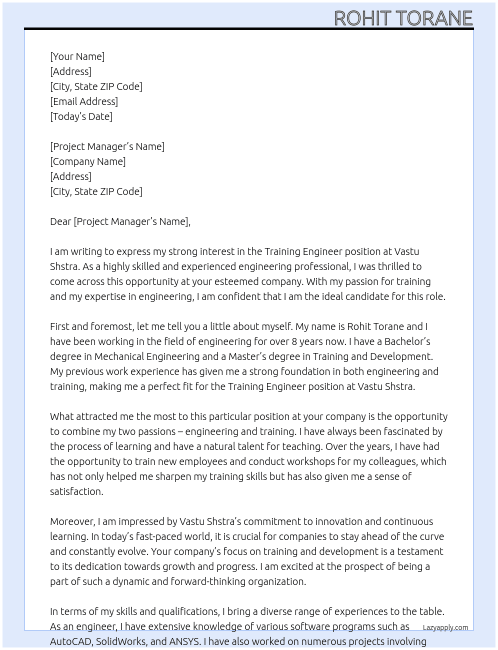 Training Engineer At Vastu Shstra Cover Letter