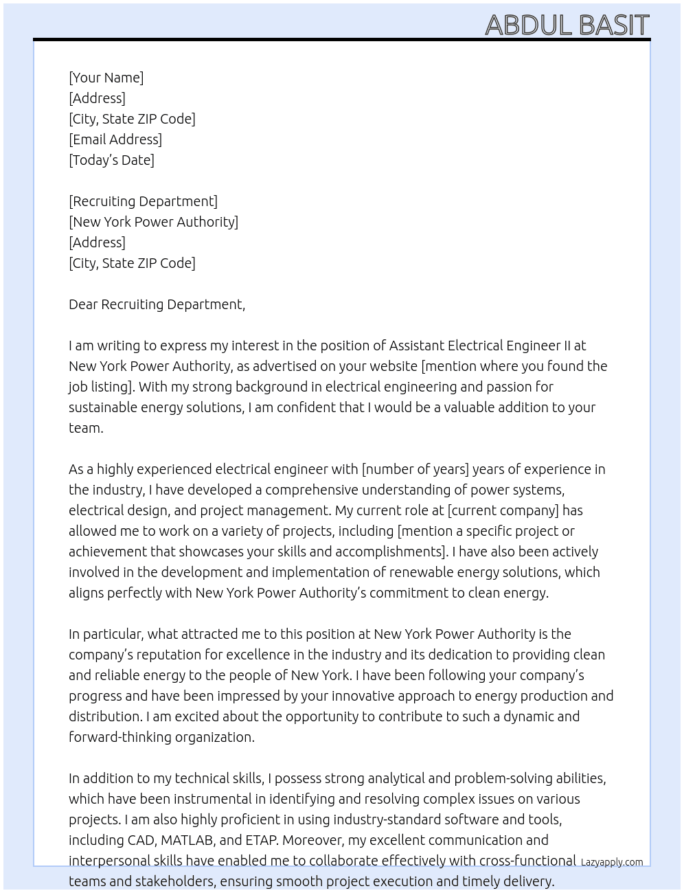 Assistant Electrical Engineer II At New York Power Authority Cover Letter