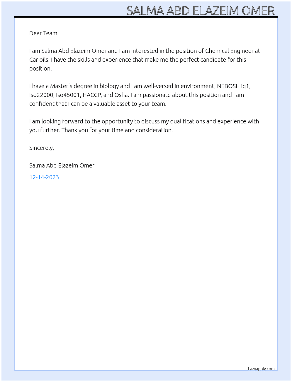Chemical Engineer  At Car oils Cover Letter
