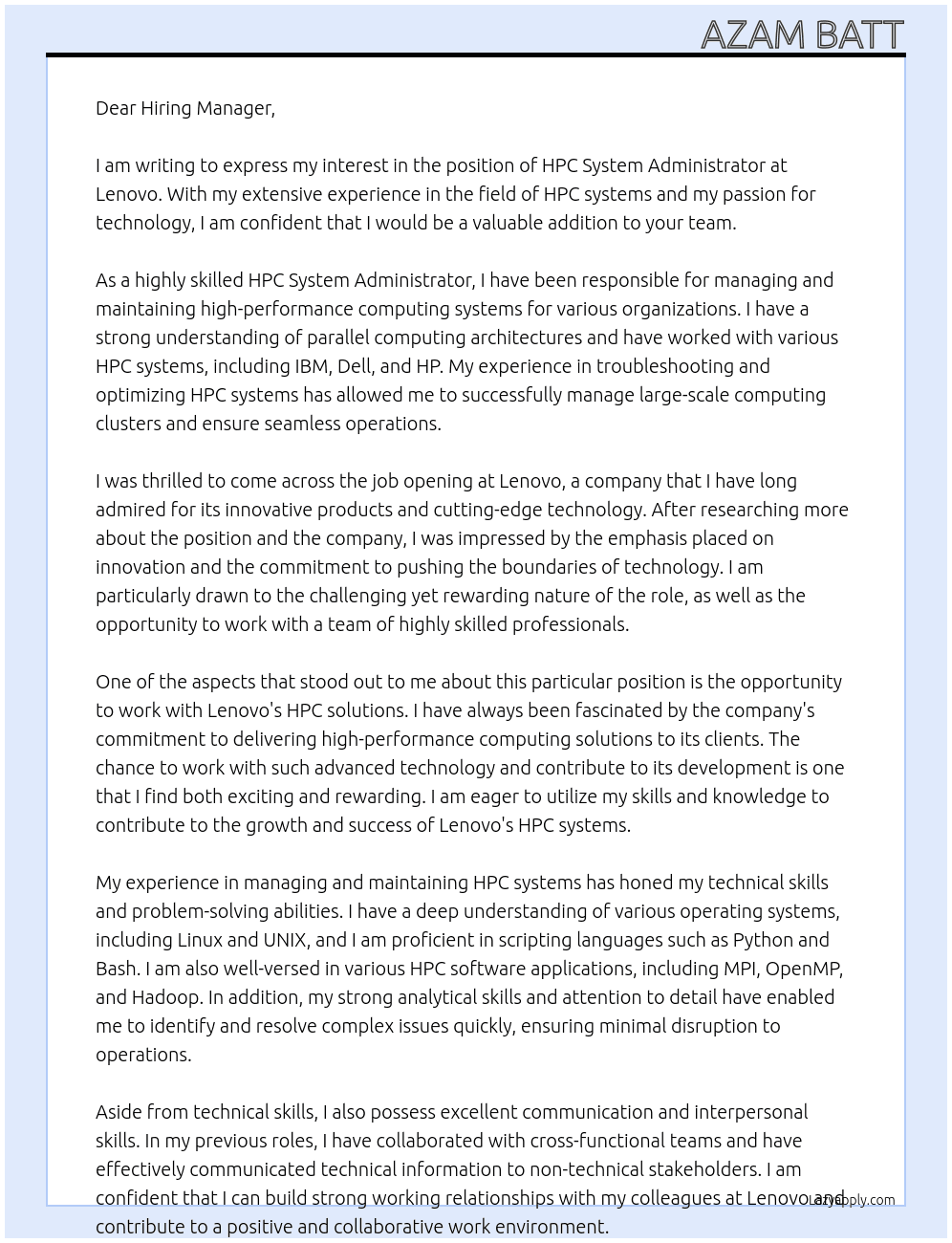 HPC System Administrator At lenovo Cover Letter