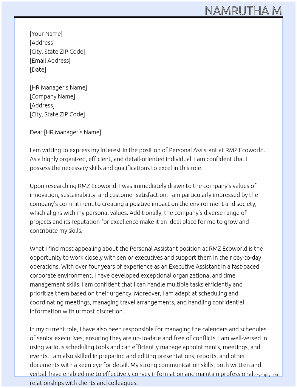 Personal assistant  At RMZ ecoworld Cover Letter