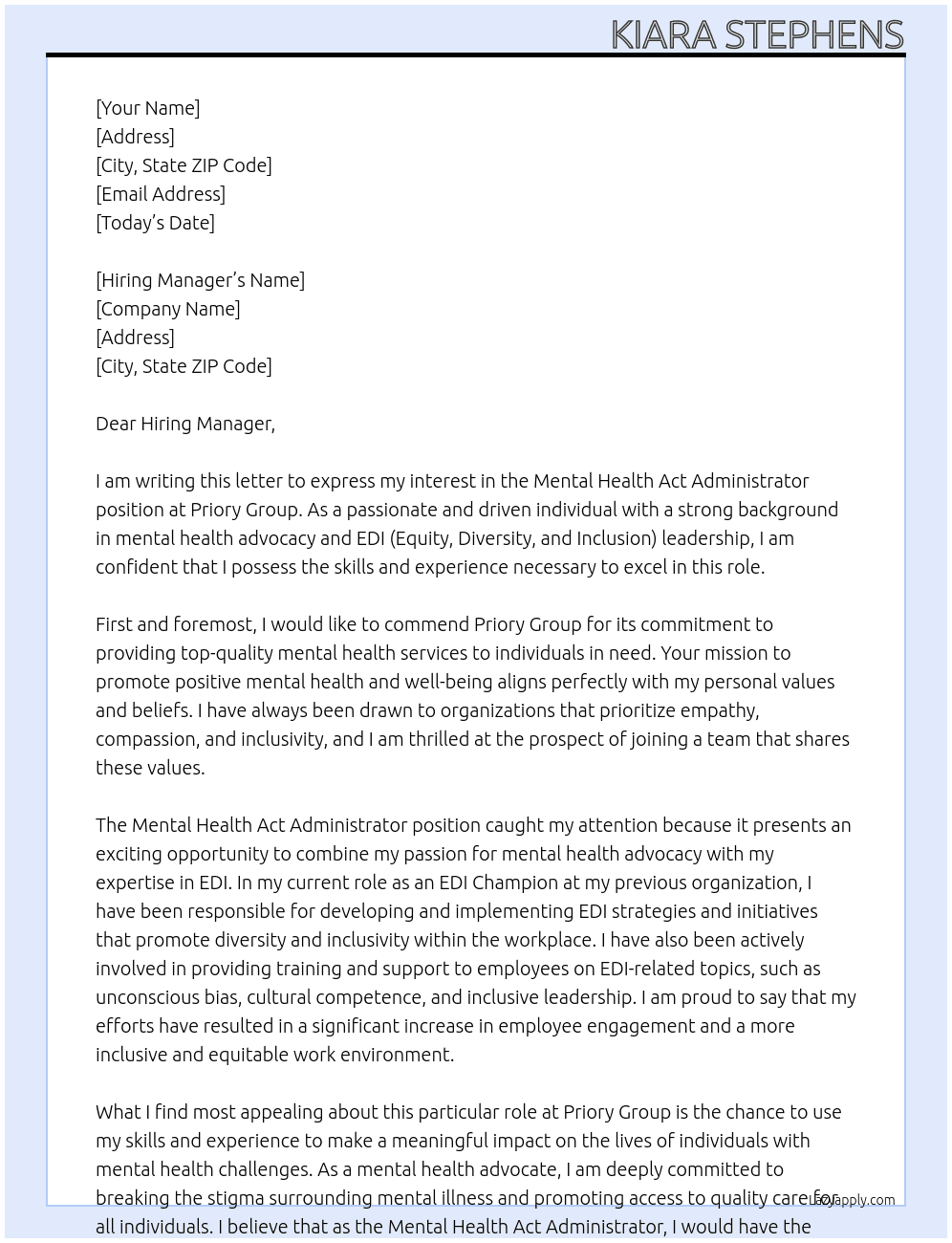 Mental health act administrator At Priory group Cover Letter
