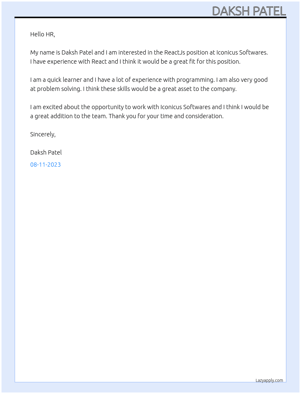 ReactJs At Iconicus Softwares Cover Letter