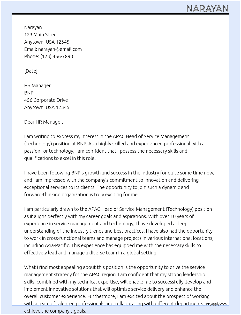 APAC Head of Service Management (Technology) At BNP Cover Letter