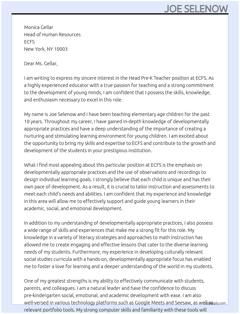 Head Pre-K Teacher At ECFS Cover Letter