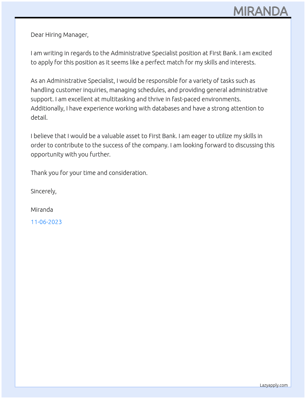 administrative specialist  At First Bank Cover Letter