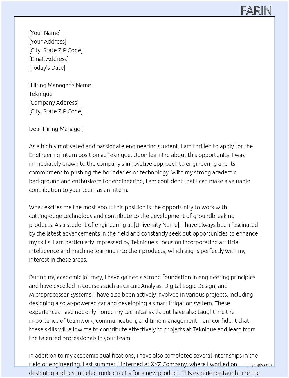 Engineering Intern At Teknique Cover Letter