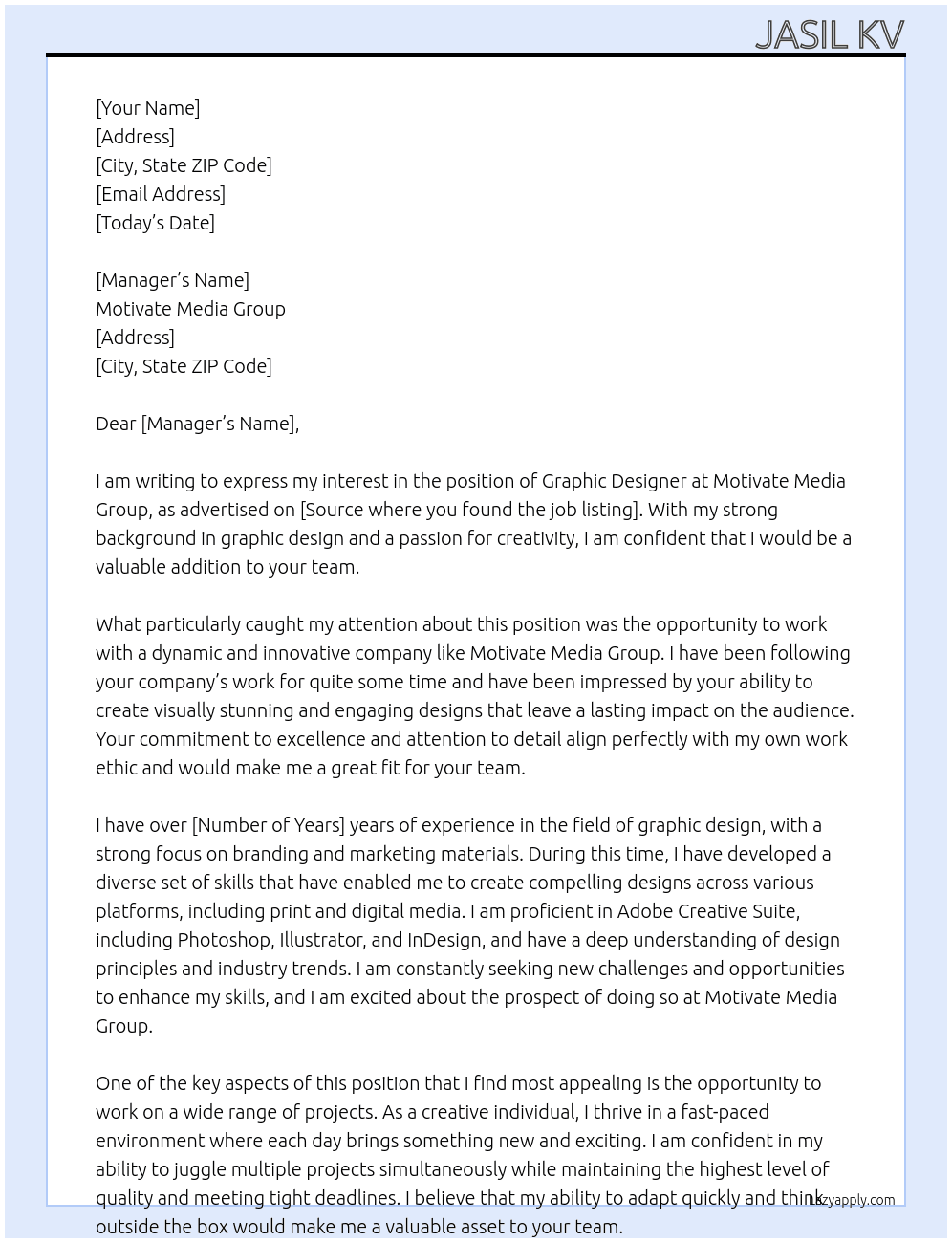 Graphic designer  At Motivate media group  Cover Letter