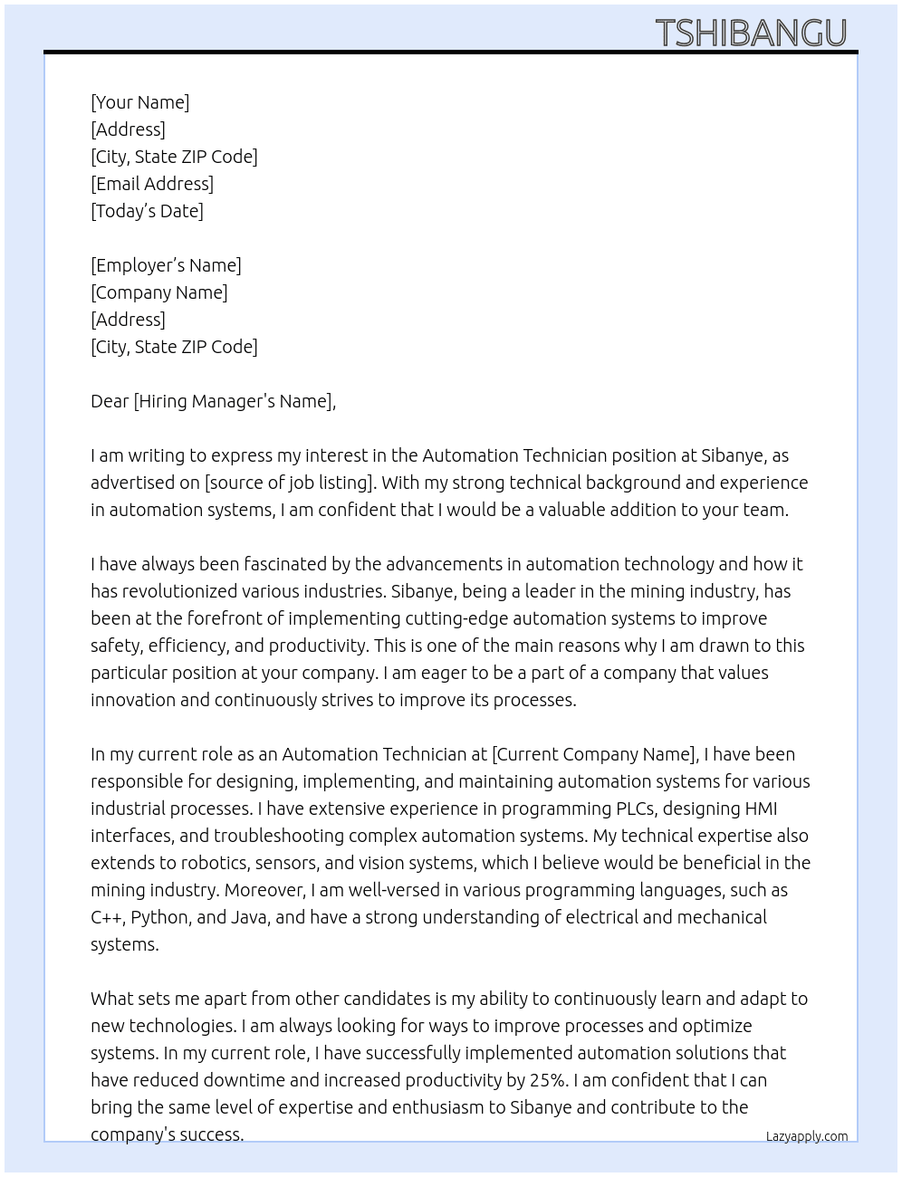 Automation Technician At Sibanye Cover Letter