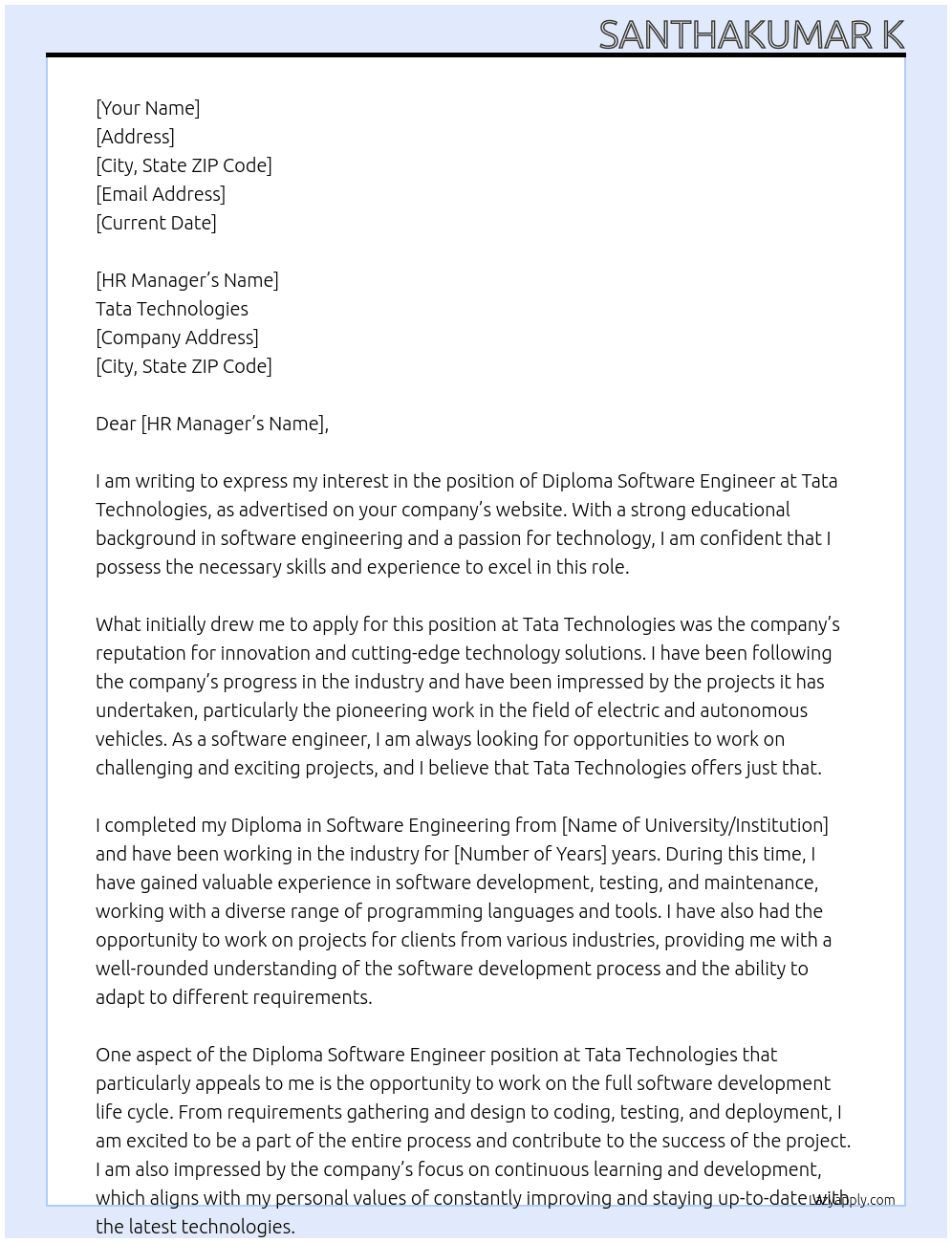 Diploma software engineer  At Tata Technologies  Cover Letter