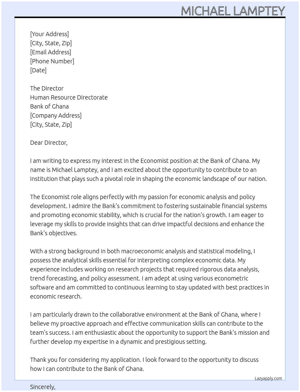 Economist At Bank of Ghana Cover Letter
