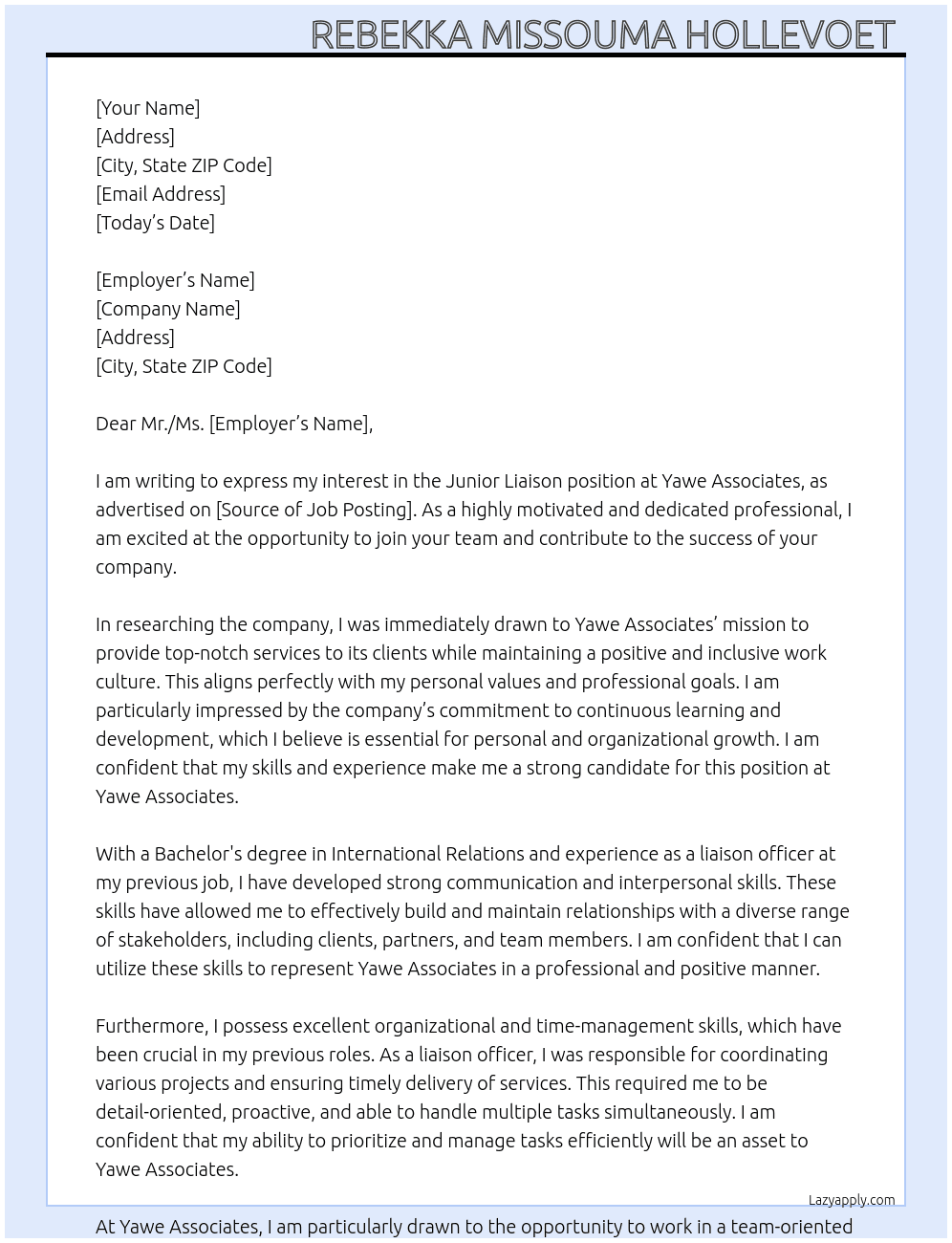 Junior Liaison  At Yawe Associates  Cover Letter