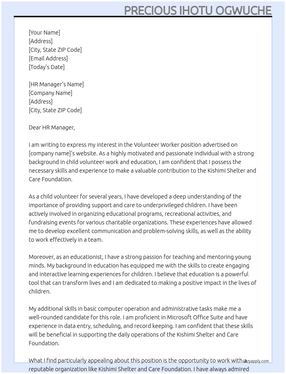 Cover letter for volunteer worker - LazyApply