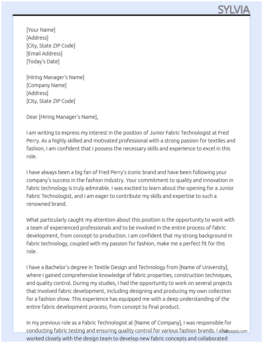 junior fabric technologist At fred perry Cover Letter