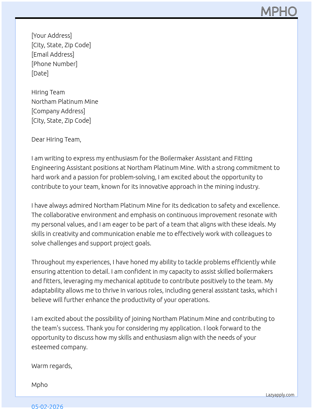 Boilermaker Assistant,fitting engineering assistant and general assistant  At Northam Platinum mine  Cover Letter