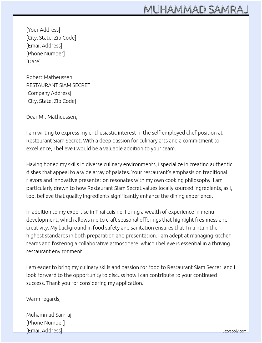 Self-employed chef At RESTAURANT SIAM SECRET Cover Letter