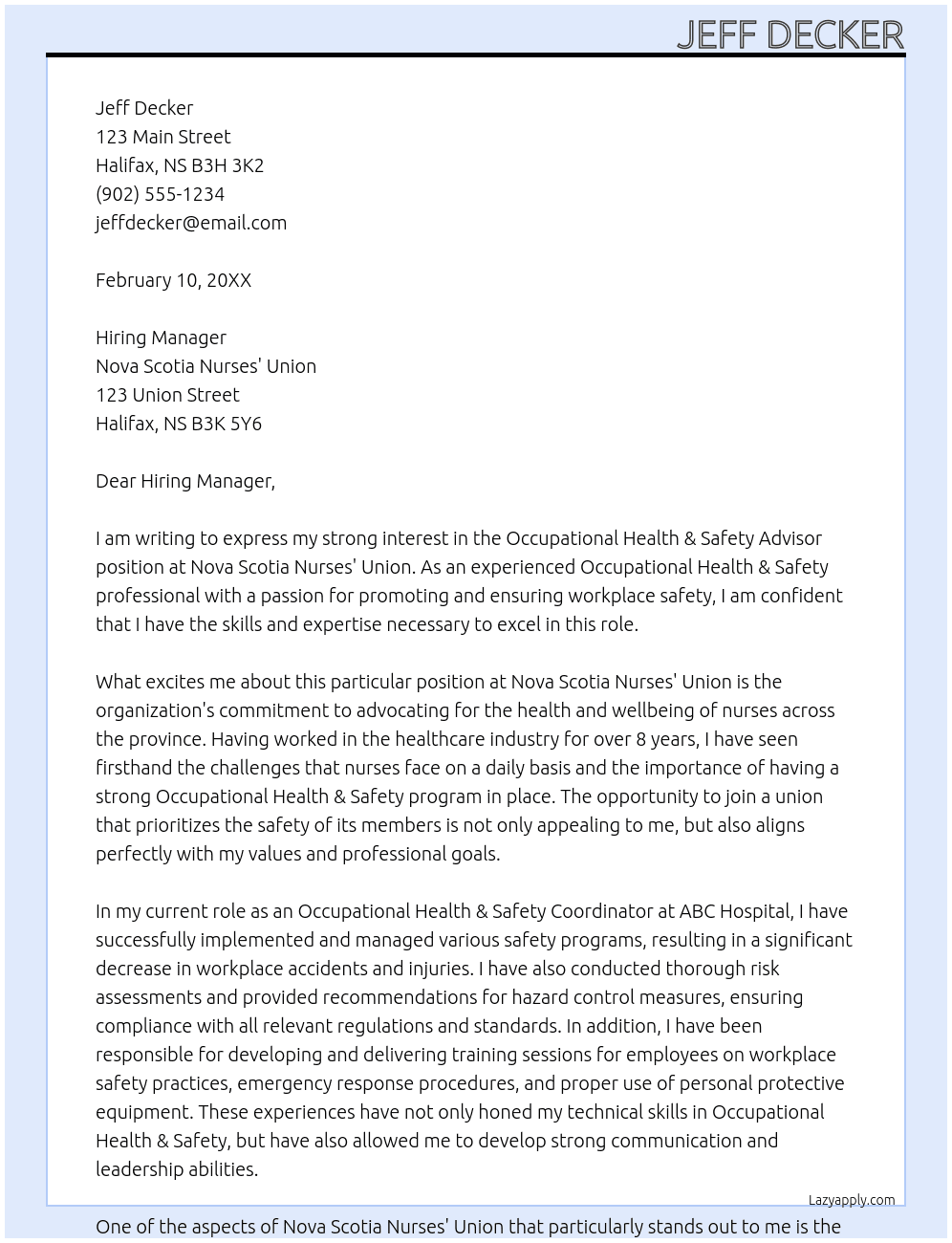Occupational Health & Safety Advisor At Nova Scotia Nurses' Union Cover Letter